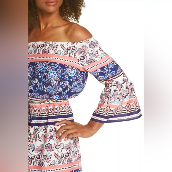 Eliza J Off Shoulder 1/2 Bell Sleeves Floral Paisley Maxi Dress w Tie Waist - Picture 4 of 9